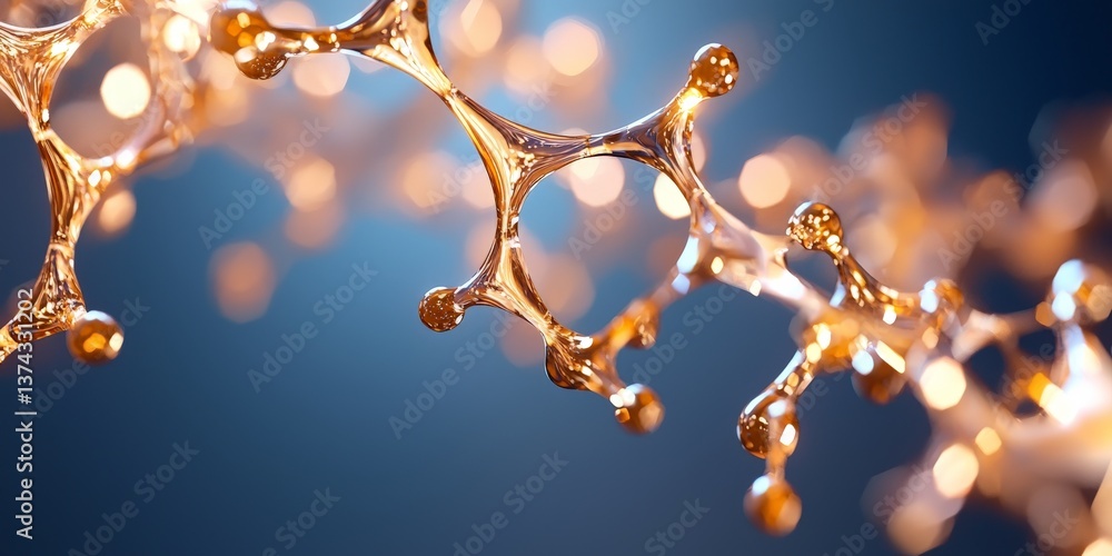Poster molecular compound structure made of golden spheres connected by thin lines on deep blue background 