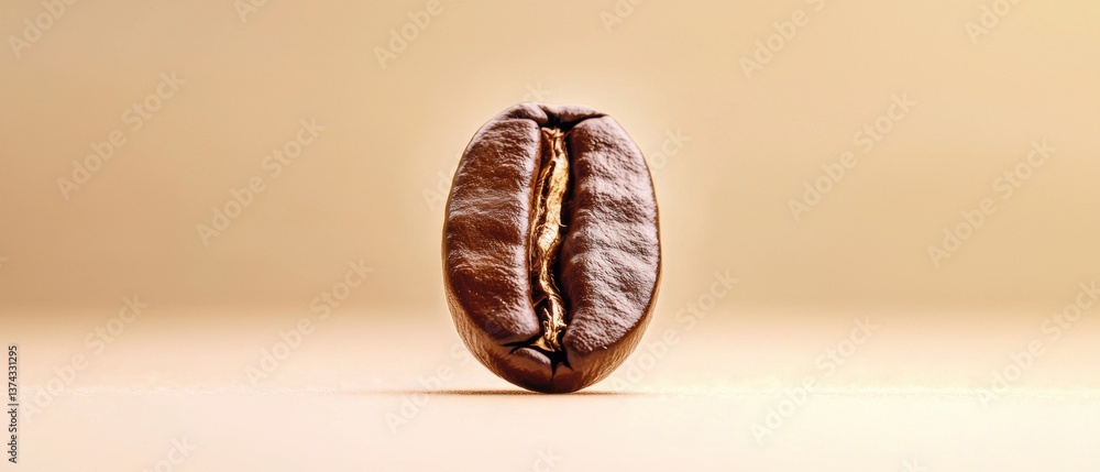 Poster close-up of a single coffee bean. the bean is dark brown in color and appears to be freshly roasted.