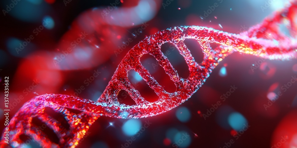 Poster glowing red dna strand rendered in biotech simulation against abstract blurred backdrop in vibrant c