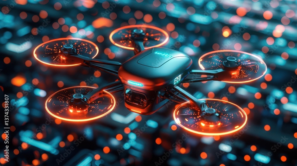 Poster futuristic drone with neon lighting over tech circuit background, perfect for ai and computation the