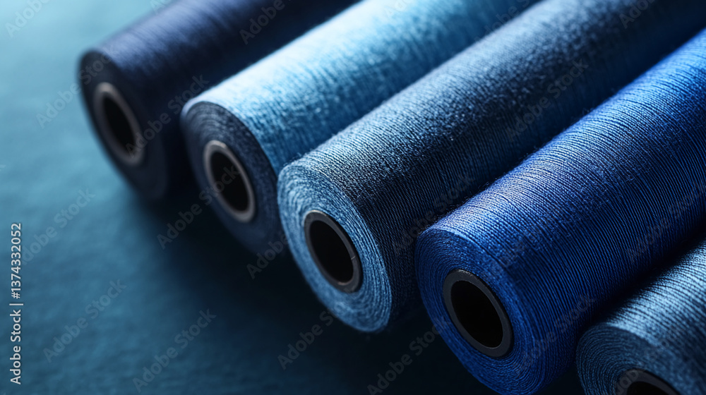 Poster close-up of spools of textured blue thread, showcasing different shades and smooth surface, represen
