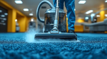Deep carpet steam cleaning with visible steam effect and professional vacuum equipment in a commercial space, symbolizing disinfection, deep cleaning and hygiene maintenance