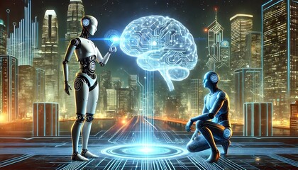 AI illustration with the humanoid robot, glowing digital brain, and futuristic cityscape.