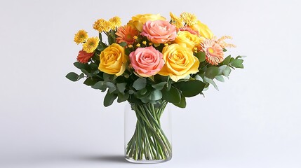 Obraz premium Bouquet of yellow roses and pink gerberas along with small yellow flowers and green leaves arranged in a clear glass vase against a plain light background