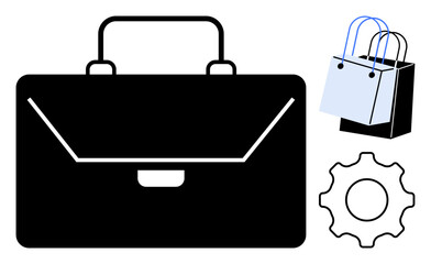 Business briefcase, shopping bags, and gear icon. Ideal for business strategy, commerce, retail, industrial management, office work productivity and consumer services. Simple abstract line flat