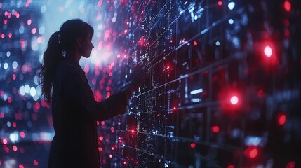 Futuristic Woman Interacting with Data Wall in Dimly Lit Environment Representing AI and Computational Language Understanding