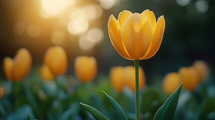 Naklejka premium A single yellow tulip stands brightly in a blooming spring garden with warm sunlit bokeh.