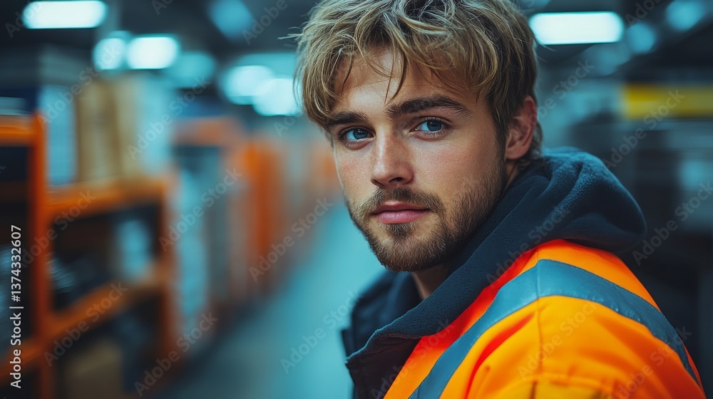 Poster A young man wearing a safety jacket is focused on organizing stock in a busy warehouse. The facility is filled with shelves and boxes, highlighting the importance of efficient logistics.