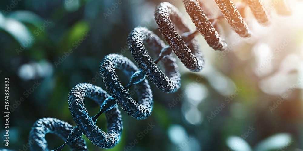 Poster artificial spiral dna strand glimmering with copper tones on soft green bokeh background symbolizing