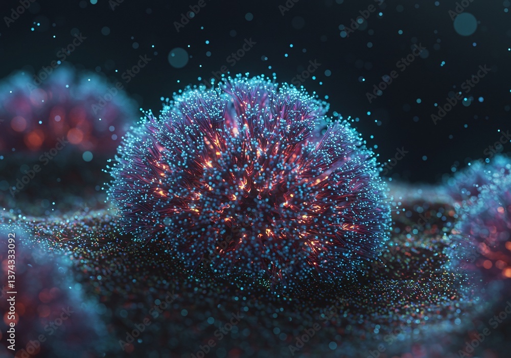 Poster mysterious microscopic world: captivating digital visualization of a complex, glowing microscopic st