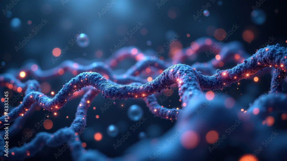 Poster a detailed digital rendering featuring a three-dimensional structure of glp-1 with glowing particles