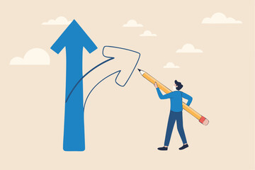 Change direction or career path for best opportunity, turn or transform to different direction, choice or alternative way to progress concept, businessman draw new arrow metaphor of change direction.