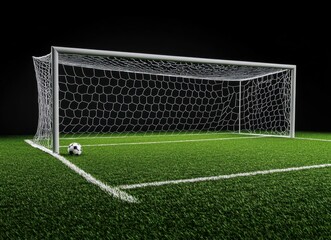 Fototapeta premium Soccer Goal and Ball on Green Field Ready for the Game