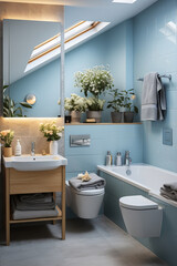 Compact modern bathroom in soft light blue tones featuring a built-in bathtub, wall-mounted toilet, and wooden vanity.