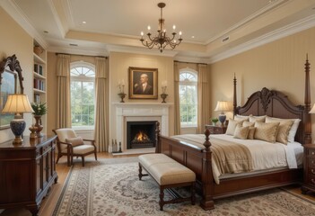  A Harmonious Blend of Comfort and Refinement in this Traditional Bedroom Design, Featuring Luxurious Textiles and Timeless Decor