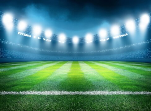 Illuminated Stadium with Green Grass Field Ready for Sports Game - Powered by Adobe