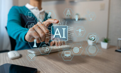 A businessman interacts with a generative artificial intelligence. A digital tool from an advanced...