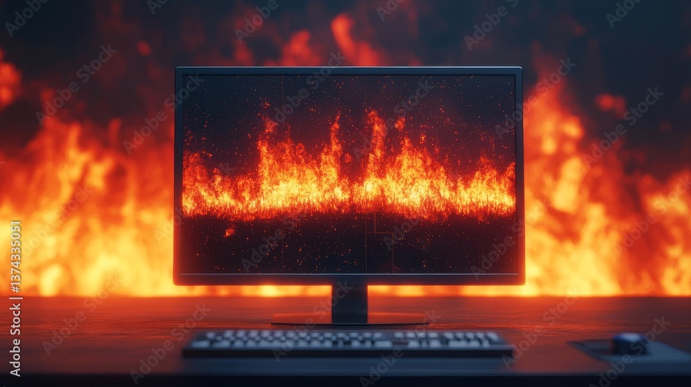 Poster a high-resolution image depicting a computer monitor displaying vibrant flames, symbolizing energy a