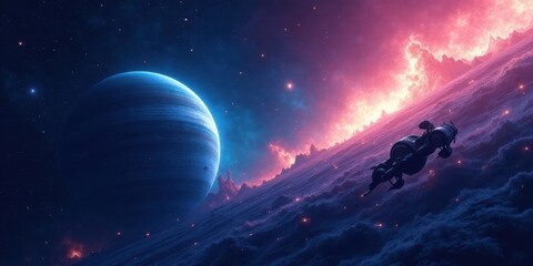 A Solitary Spaceship Navigates a Celestial Landscape Featuring a Glowing Planet and Fiery Nebulae