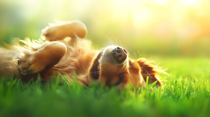 Obraz premium joyful dog rolling on vibrant green grass, basking in warm sunlight, exuding happiness and contentment in serene outdoor setting