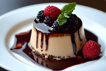 A dessert with chocolate sauce and raspberries on top