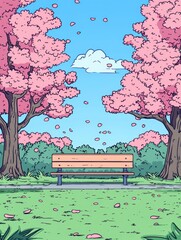 Serene park scene with cherry blossoms and a wooden bench under a clear blue sky in spring season