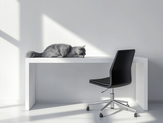 cozy minimalist workspace features sleek white desk with black chair, illuminated by soft natural light. relaxed gray cat rests peacefully on desk, adding warmth to serene environment