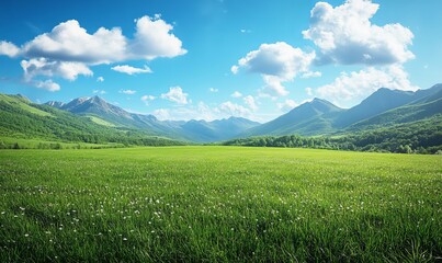 Fototapeta premium Expansive green meadow with mountains in the distance under a bright blue sky with fluffy clouds