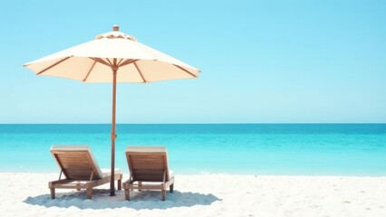 Fototapeta premium two sun loungers with a beach umbrella on the background of snow-white sand and blue sea. vacation, travel. beach holidays, tourism