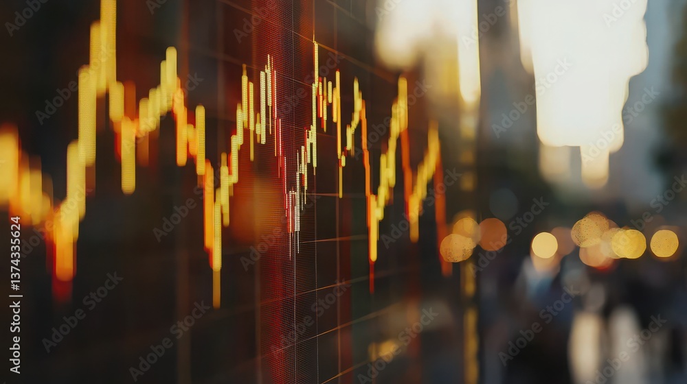 Aufkleber data visualization of stock market trends with dynamic graphs and blurred city background