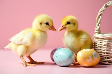 Naklejka premium two yellow chickens with a wicker basket and colorful Easter eggs on a pink background. Easter