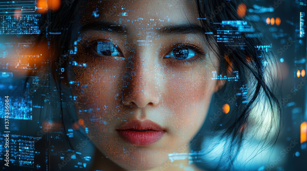 Poster human face transitions into digital deepfake representation with glitch effects and pixel distortion