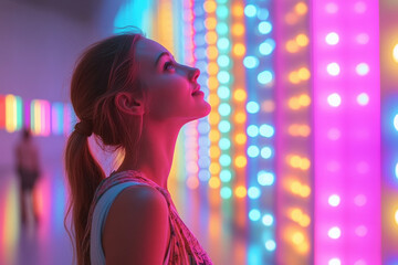 A woman gazes up at a colorful light, awe in her eyes.