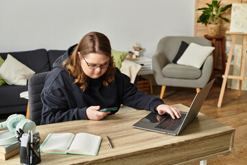 Young woman with Down syndrome engages in creative activities at home in a cozy environment