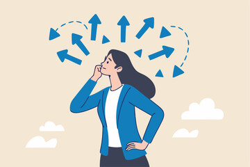 Tough decisions, choosing career path, make choices or think about final result, business directions challenge, confusion or decide options concept, businesswoman thinking and make business decisions.