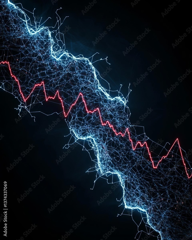 Poster dynamic visualization of data trends with electric blue and red lines, representing fluctuation in a