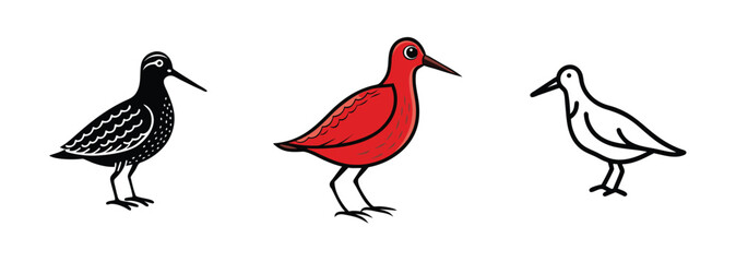 Three Bird Illustrations Black, Red, White Snipe Designs