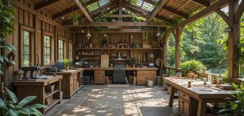 Obraz premium Al Fresco Woodshop Oasis Open Air Lush Foliage Create Unique Woodworking Artworks In The Perfect Outdoor Sanctuary