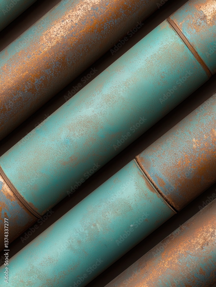 Poster close-up of a group of cylindrical pipes or tubes. the pipes are arranged in a horizontal line, with