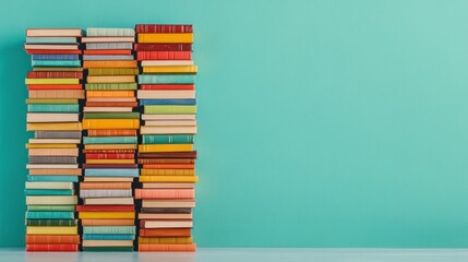 A Colorful Stack of Books Against a Teal Wall