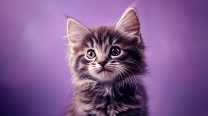 Fluffy kitten with striking eyes and soft fur, gazing curiously against purple background, exuding sense of innocence and playfulness