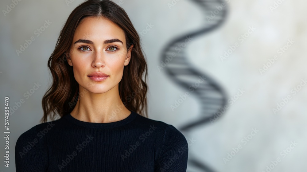 Aufkleber young woman standing in front of abstract dna strand sculpture in dark background with soft light sh