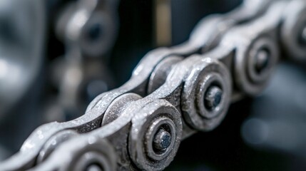 Detailed close-up of a bicycle chain highlighting metal links and rollers in a workshop setting during the early morning