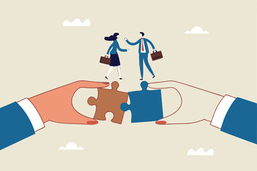 Partnership, teamwork or collaboration to success, solve jigsaw puzzle together, agreement or solution to win corporate trust, cooperation concept, businessman handshake connect jigsaw together.