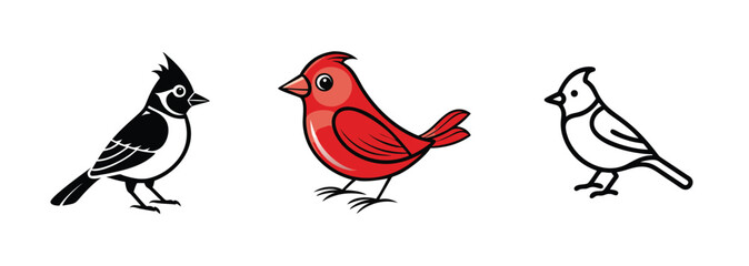 Three Bird Illustrations Black, Red, and Outline Designs