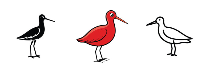 Three Bird Illustrations Black, Red, White Waders