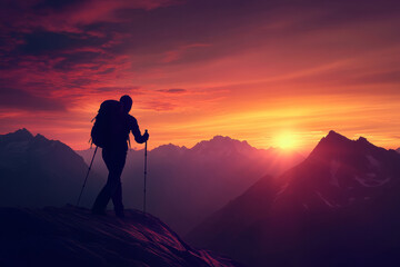 dynamic hiker silhouette stands against vibrant s et, surrounded by majestic mountains. scene captures essence of adventure and exploration in nature beauty