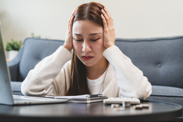 Stressed bankrupt financial crisis concept, Young adult in nervous after calculated loan expense...