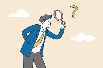 Problem analysis, analyze information to find solution or answer, solving problem or trouble, challenge to think overcome difficulty concept, businessman analyze question mark with magnifying glass.