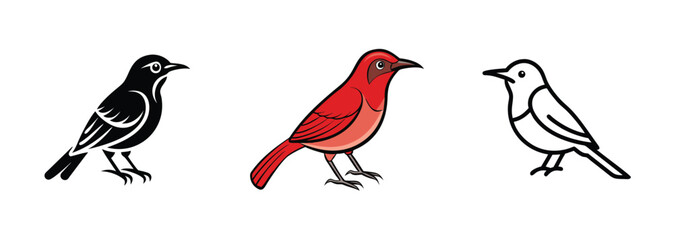 Three Bird Illustrations Black, Red, and White Line Art